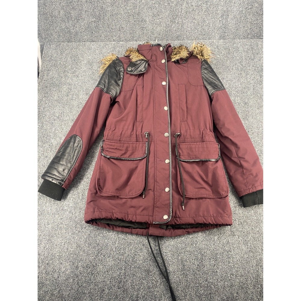 Garage City Parka Jacket Women Small Burgundy Faux Leather Trim Fur Hood Winter